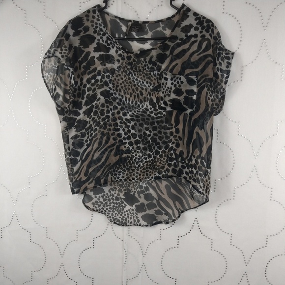 Animal print sheer Hi-Lo cap sleeve shirt - Picture 1 of 8